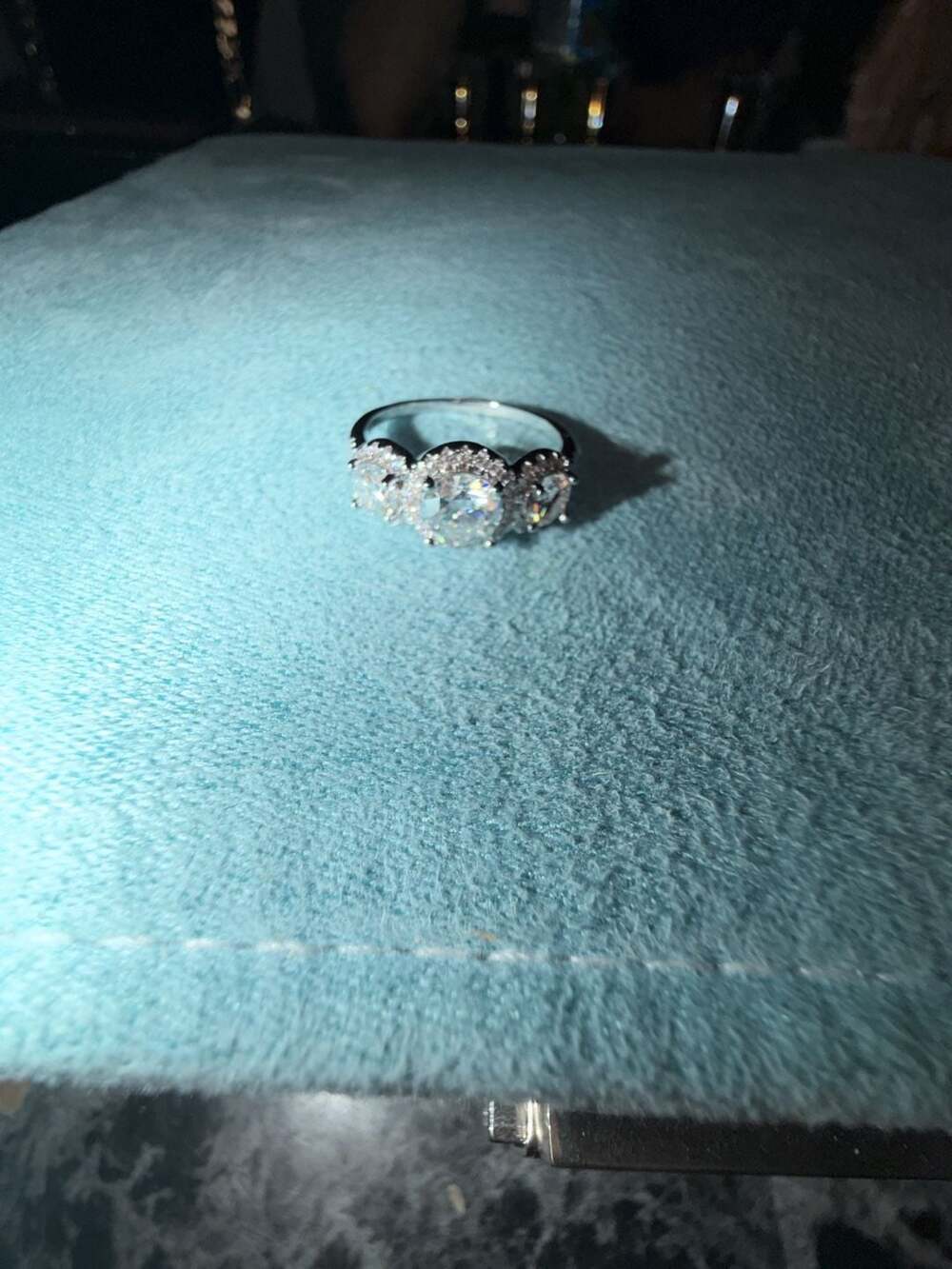 Three Stone Halo Moissanite Ring with GRA Certificate size 9